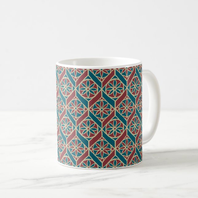 Mug Maroon, Motif ethnique Turquoise, Fleurs, Chevrons (Devant droit)