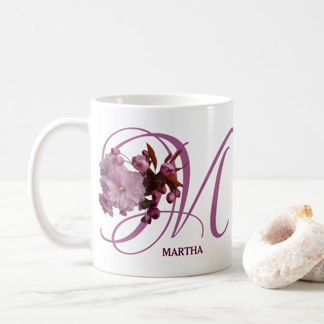 Mug Martha nom personnalisable fleurs de cerisier rose (Avec donut)
