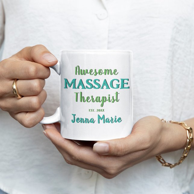 Mug Massage amusant Thérapeute Texte Turquoise Art (Awesome Massage Therapist Customized Coffee Mug)