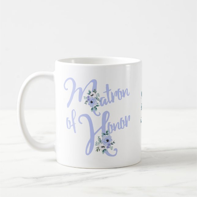 Mug Matron d'honneur Floral Letter Dusty Blue Custom (Gauche)