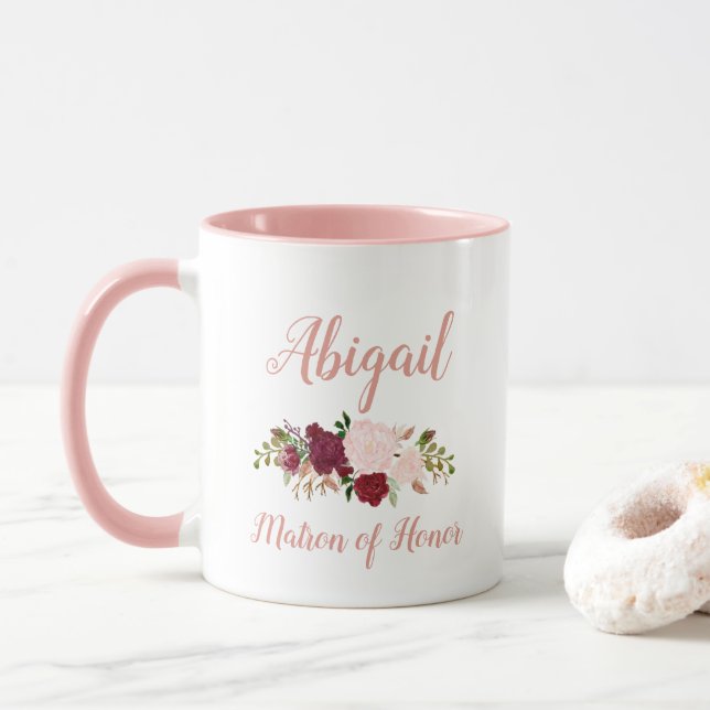 Mug Matron d'honneur Pink Marsala Floral Mariage (Avec donut)
