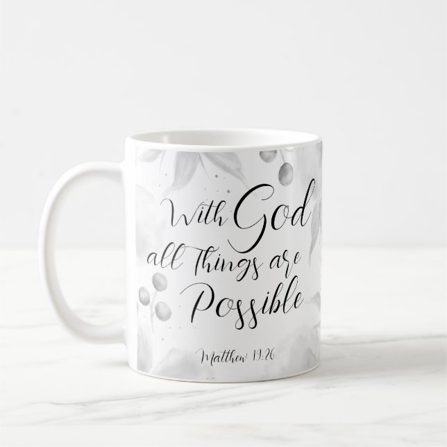 Mug Matthieu 19:26 Moderne Noir Blanc Aquarelle Floral (Gauche)
