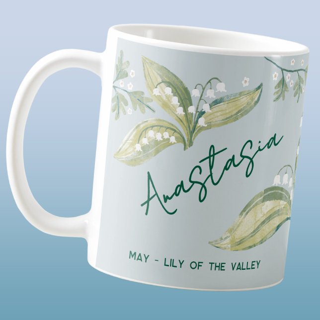 Mug May Birth Flower Custom Name Lily of the Valley (May birth month flower lily of the valley hawthorn personalized custom name coffee mug birthday gift)