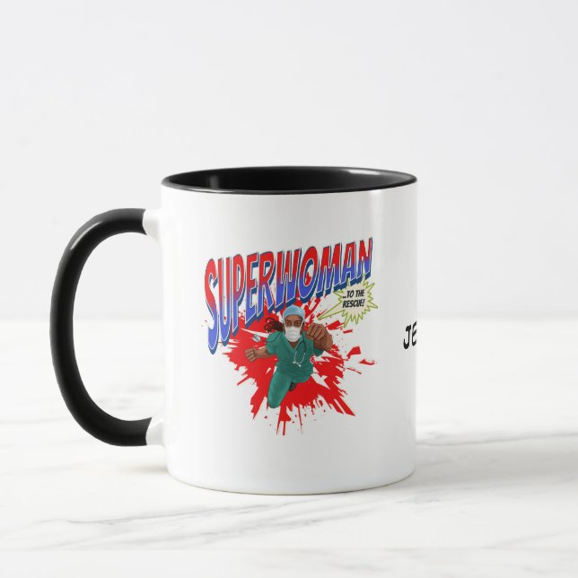 Mug Médecine SUPERFEMME, infirmière, docteur. Nom modi (Gauche)