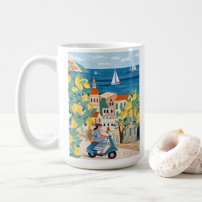 Mug Mediterranean Woman Scooter Illustration Coffee (Avec donut)