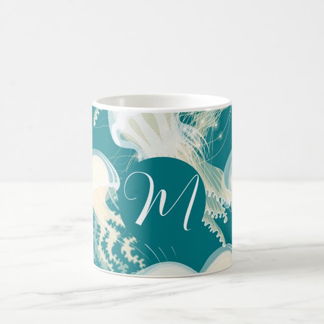 Mug Méduse En Bleu Océan Été Saison Monogramme (Centre)