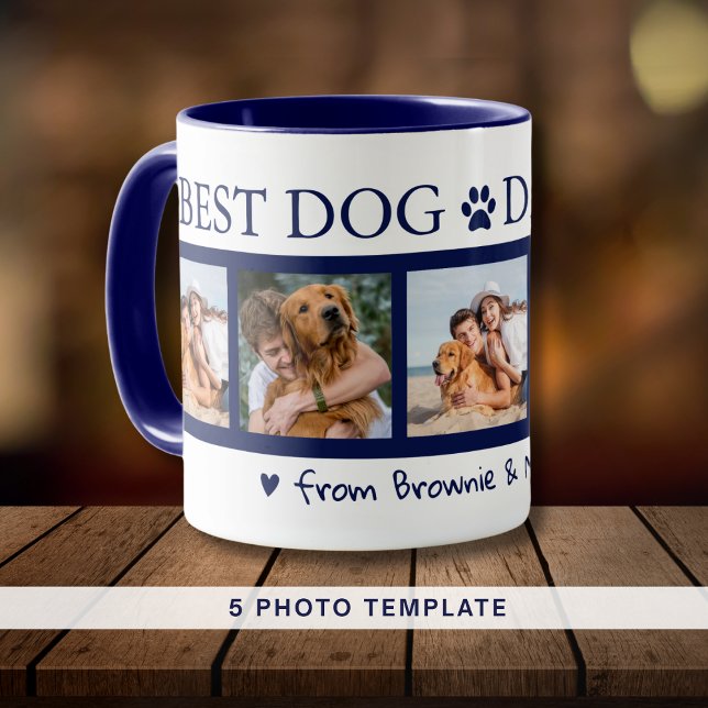 Mug Meilleur Chien Papa Jamais 5 Photo Collage Nom de  (Best Dog Dad Ever 5 Photo Collage Pet Name Blue Mug)