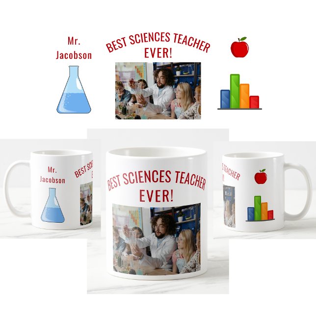 Mug Meilleur Enseignant en Sciences Nom de l'Ever Appr (Best Sciences Teacher Ever photo mug. Name. Beaker. Bar Graph. Apple. Cute teacher appreciation mug)
