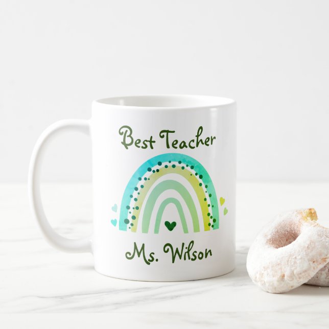 Mug Meilleur enseignant Nom personnalisé Cute Green Ra (Avec donut)