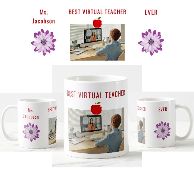 Mug Meilleur Enseignant virtuel jamais Appréciation No (Best Virtual Teacher Ever. Photo of student. Flowers. Modern, cute, elegant teacher appreciation mug)