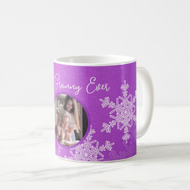 Mug Meilleur Granny Ever Violet Snowflakes Texte minim (Devant droit)