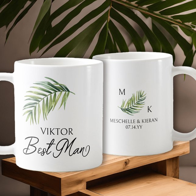 Mug Meilleur homme Palm Feuille de mariage cadeau de f (Best Man coffee mug with tropical palm leaf and calligraphy)