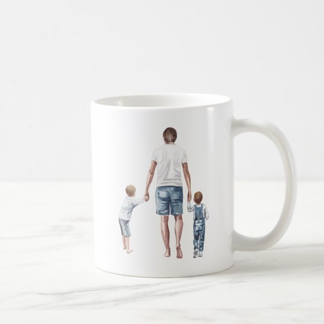 Mug Meilleur papa du monde et 2 fils marchent l'aquare (Droite)