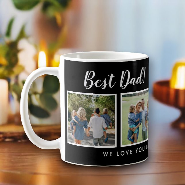 Mug Meilleur papa ! Photos Collage message noir (Best dad script font with 6 family photo slots, along with a custom message for your number 1 Dad.)