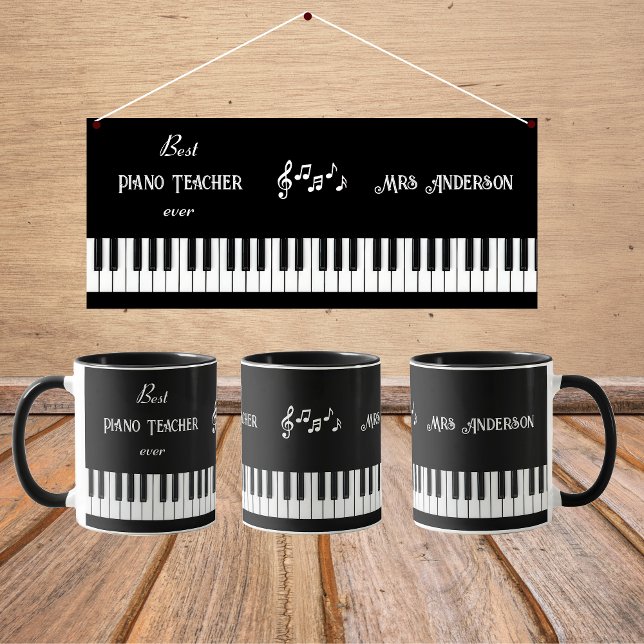 Mug Meilleur professeur de piano jamais personnalisé (Best piano teacher ever gift mug with keyboard and customizable text & name)