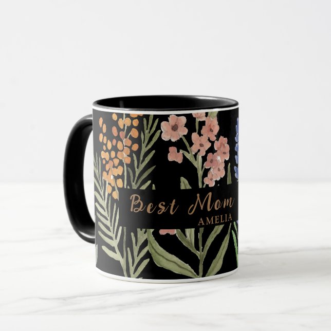 Mug Meilleure maman jamais - Nom personnalisé floral (Devant gauche)