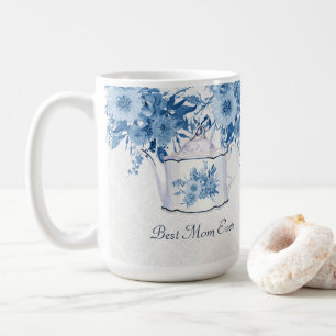 Mug Meilleure maman jamais Teapot Navy Bleu et fleurs 