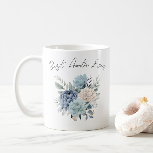Mug Meilleure Tante Ever bleu fleurs aquarelle (Avec donut)