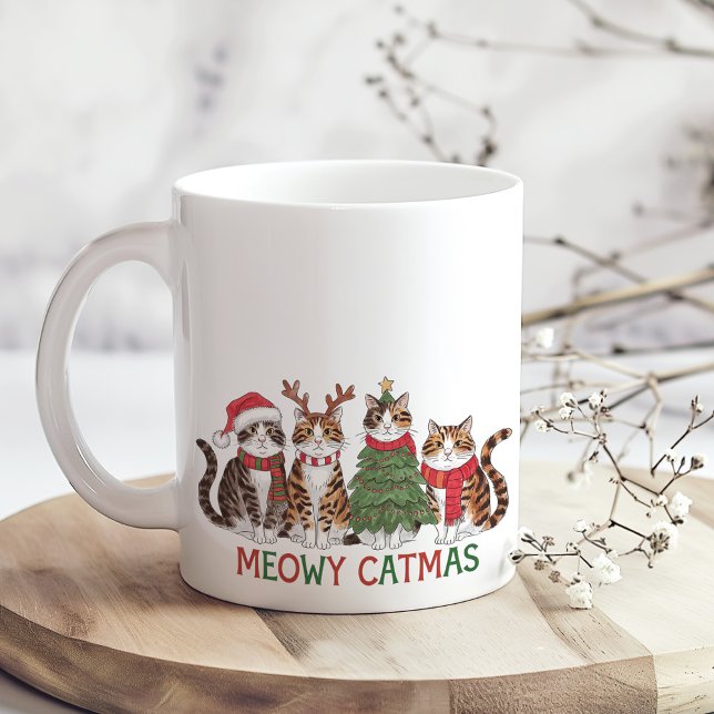 Mug Meowy Catmas Funny Christmas Cats Holiday Gift (Meowy Catmas Funny Christmas Cats Holiday Gift Coffee Mug on a boho kitchen table.)