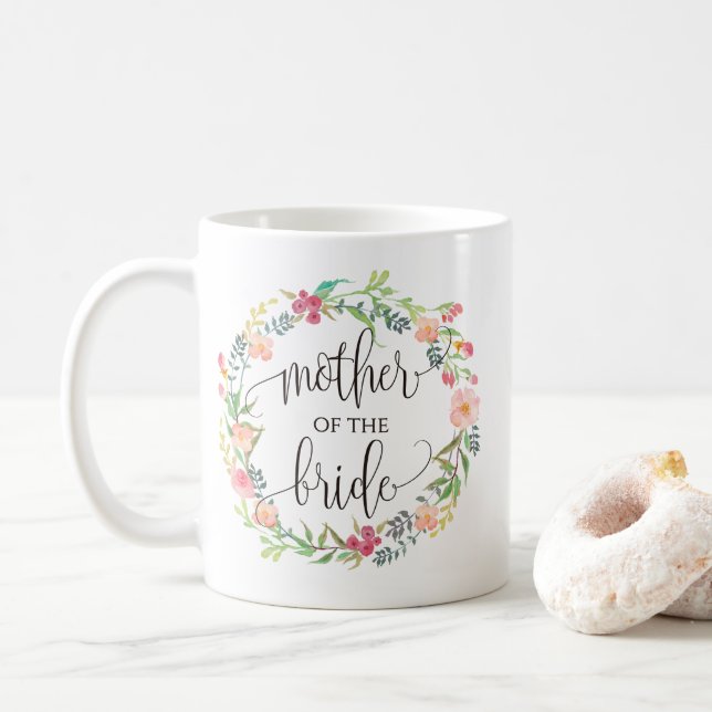 Mug Mère de la mariée, Calligraphie, couronne florale- (Avec donut)