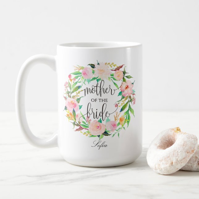 Mug Mère de la mariée, Calligraphie, couronne florale- (Avec donut)