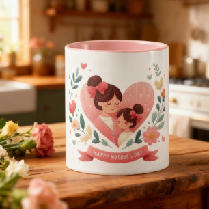 Mug Mère et Fille Fleur en forme de cœur - Bonne fête 