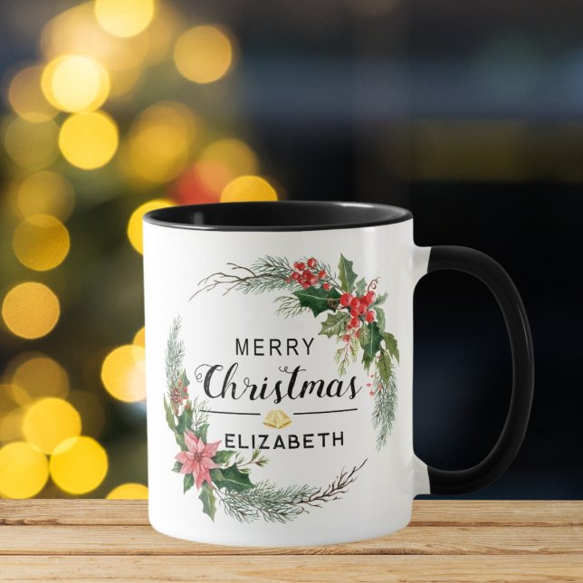 Mug Merry Christmas Floral Wreath and Script Black (Créateur téléchargé)