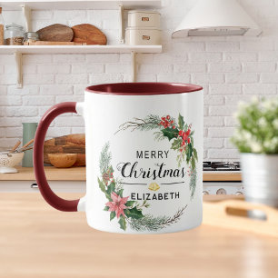 Mug Merry Christmas Floral Wreath and Script Maroon