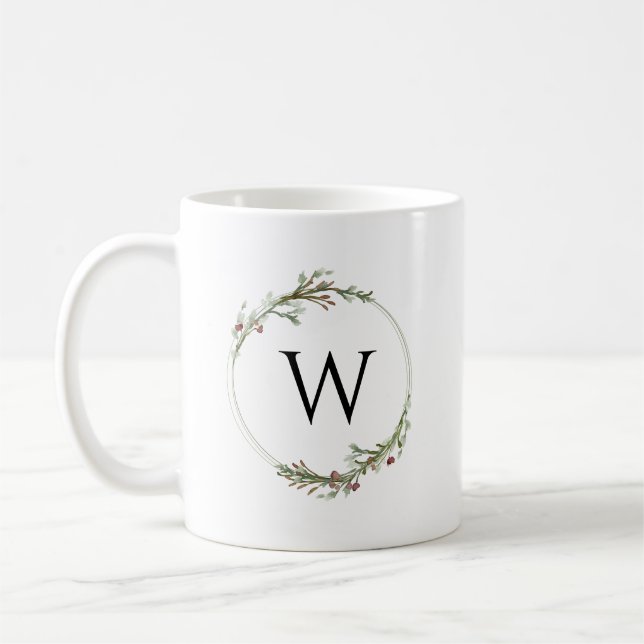 Mug Merry Christmas Minimalist Wreath Monogram (Gauche)