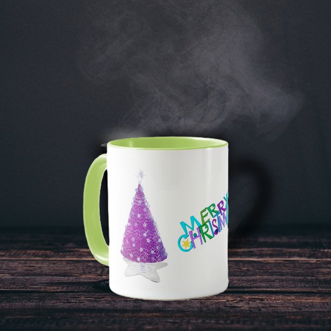 Mug Merry Christmas Sparkle Pink silver Trees (Merry Christmas pink trees on star rug silver star decorations on holiday coffee mug.)
