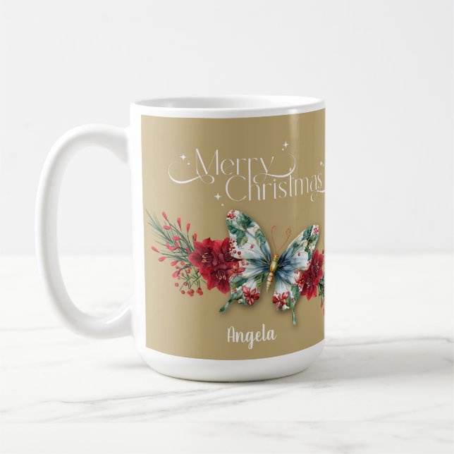 Mug Merry Noël Vintage Papillon Poinsettia (Gauche)
