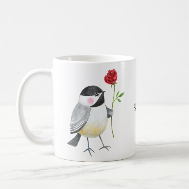 Mug Mésange mignonne avec une seule rose rouge Nom per (Gauche)