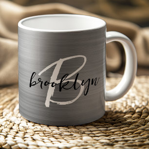 Mug Métal brossé argenté Noir Blanc Script Monogramme
