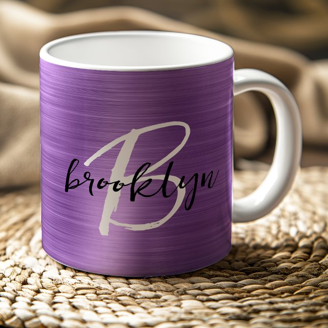 Mug Métal brossé violet noir noir Monogramme blanc (Créateur téléchargé)