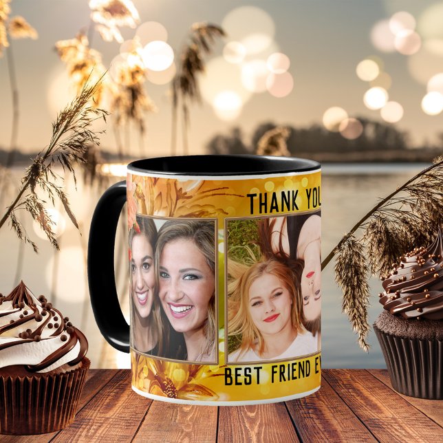 Mug Miel Sweet Meilleur Ami Merci Photo (Best friends photo mug featuring your own photos framed by a honey sweet floral design with roses)
