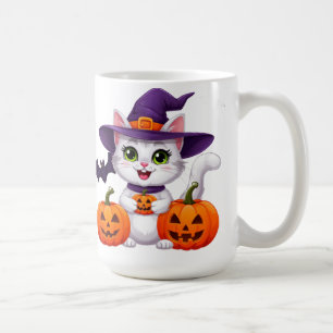Mug Mignon Chat Blanc Citrouille Chapeau de Sorcière H