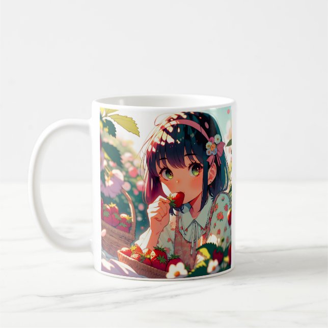 Mug Mignonne Anime Girl Mange des fraises | Jour d'été (Gauche)