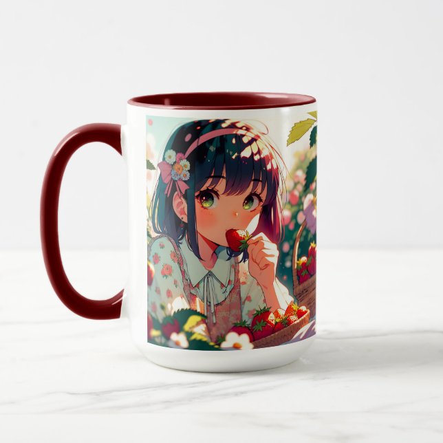 Mug Mignonne Anime Girl Mange des fraises | Jour d'été (Gauche)
