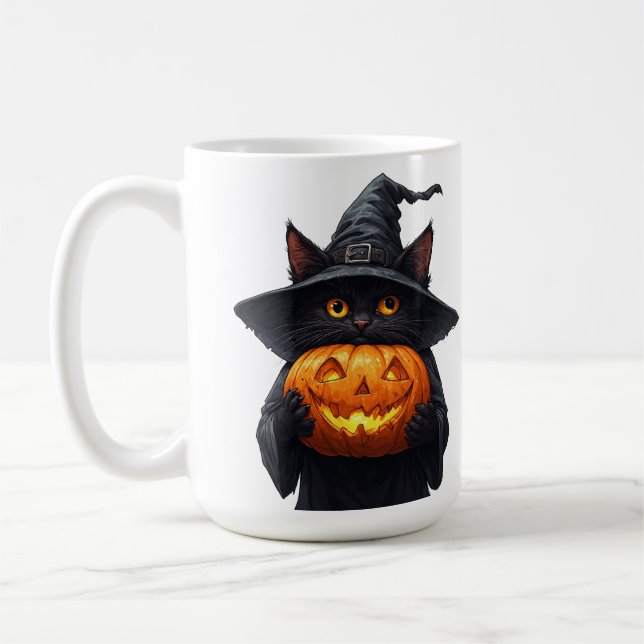 Mug Mignonne chatte sorcière noire tenant une citrouil (Gauche)