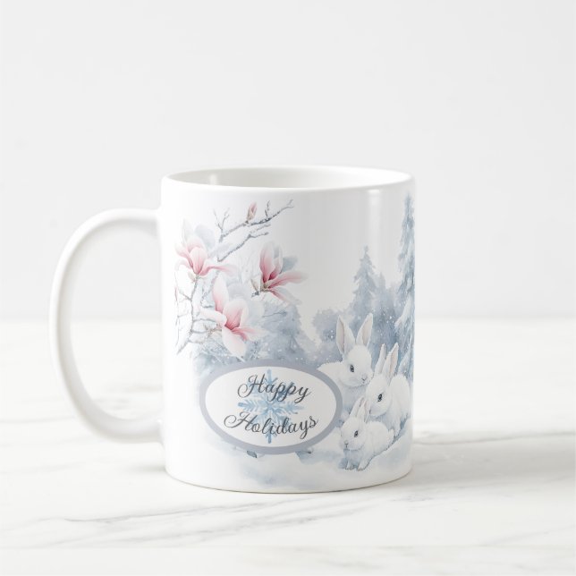 Mug Mignons lapins blancs en vacances d'hiver neige (Gauche)