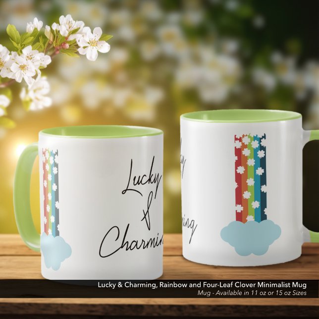 Mug Mini minimaliste à 4 feuilles avec arc-en-ciel Luc (Lucky & Charming, Coffee Mug with Minimalist Rainbow and Four-Leaf Clover Design)