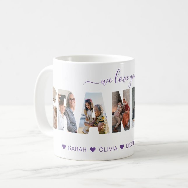 Mug Minimal We Love You Grand-mère Photo Collage Purpl (Devant gauche)