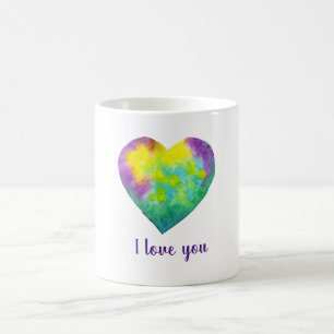 Mug Minimaliste Je t'aime coeur d'aquarelle arc-en-cie