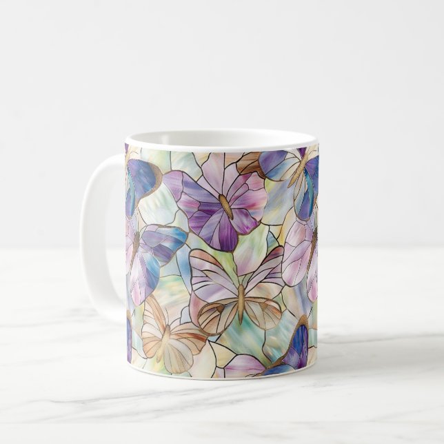 Mug Mint Aqua Bleu Papillons pourpres (Devant gauche)