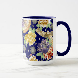 Mug Mint Blue Gold Flowers Beau Motif japonais