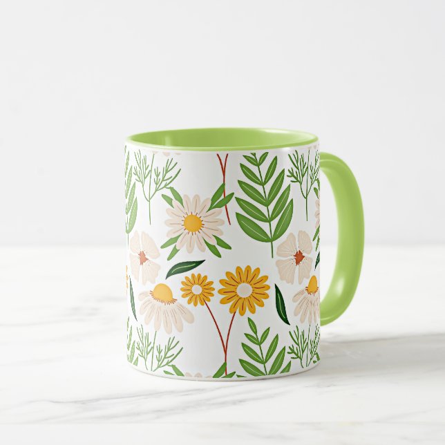 Mug Modèle floral jaune or et blanc ivoire (Devant droit)
