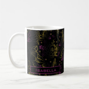 Mug Modèle floral violet or nom personnalisé