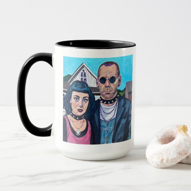 Mug Modern American Gothic Art - Grant Woods Inspired (Avec donut)