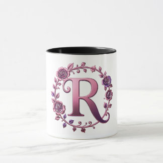 Mug Modern Metallic Rosemaling Letter R, Pink/Purple