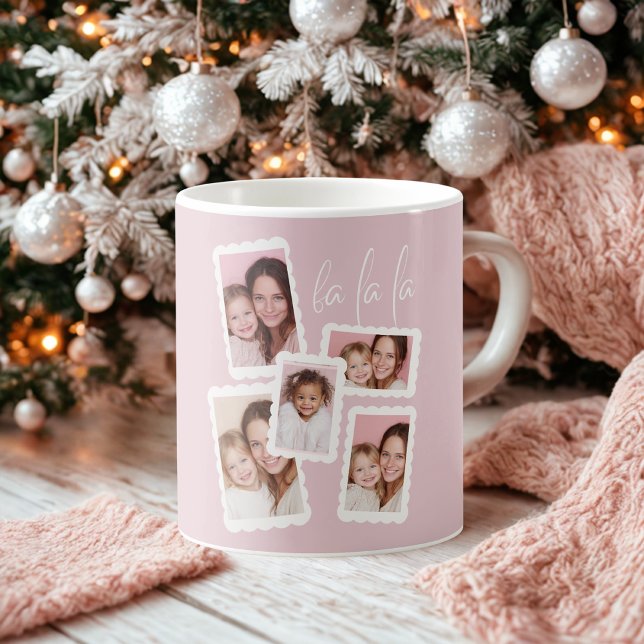 Mug Modern Pink “Fa La La” Multi Photo Christmas  (Créateur téléchargé)